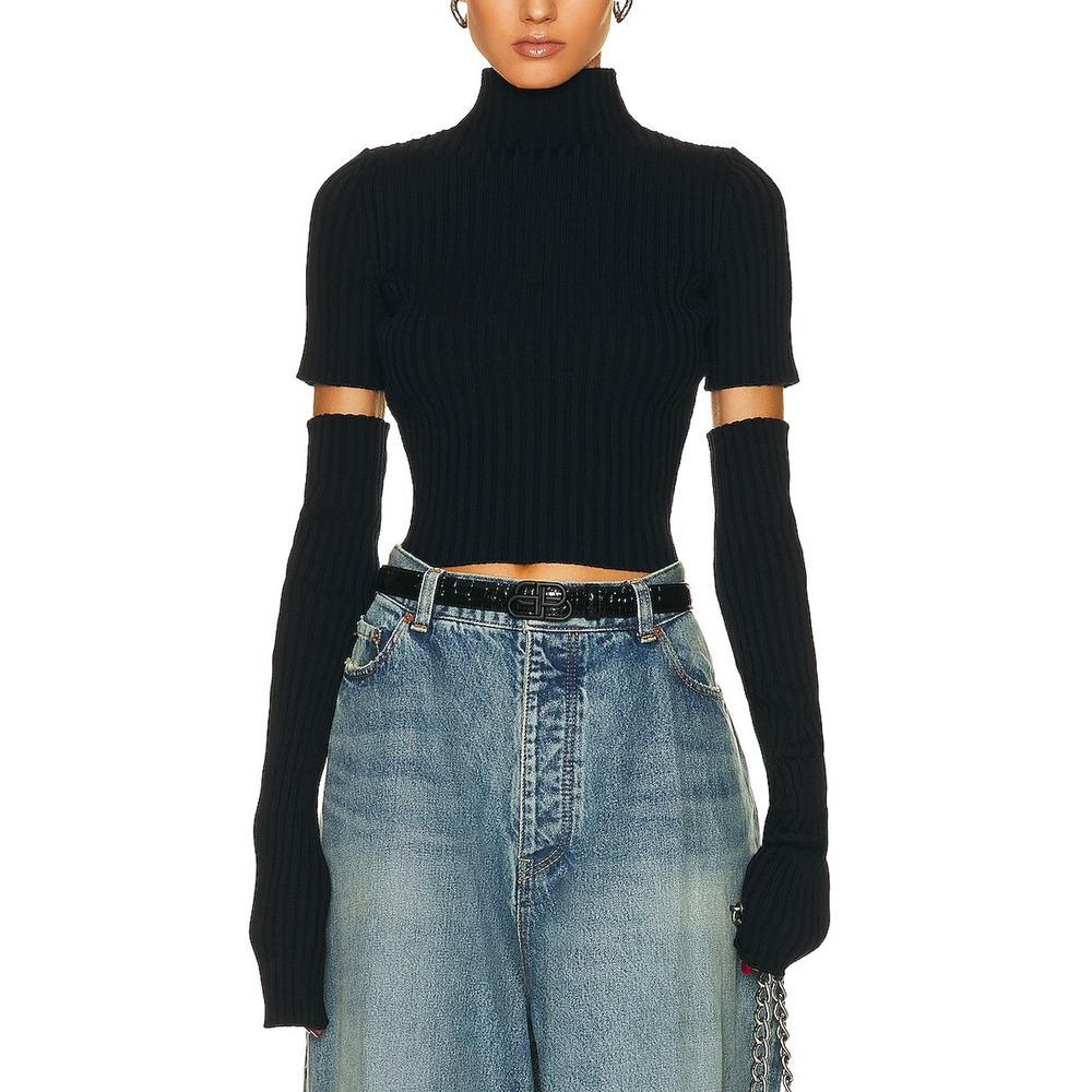 Balenciaga Ribbed Navy Cut Up Mock Neck Sweater Size S